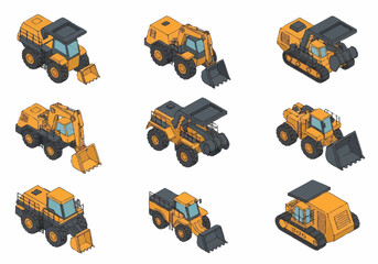 Collection of Isometric Construction Vehicles and Machinery. © berkah nikah
