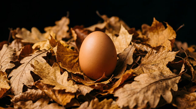 Autumnal still life a single egg nestled in a bed of fallen leaves