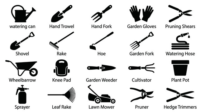 black and white vector silhouette set of garden tools