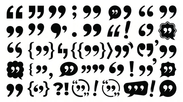 Collection of quotation marks and punctuation symbols with speech bubble black and white punctuation dialogue typography collection communication literature language as isolated object