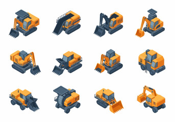 Collection of isometric construction vehicles and excavators. © berkah nikah