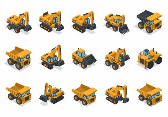 Collection of Isometric Yellow Construction Vehicles and Machinery. © berkah nikah
