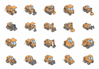 Obraz premium Collection of Isometric Construction Vehicles and Machinery Icons.