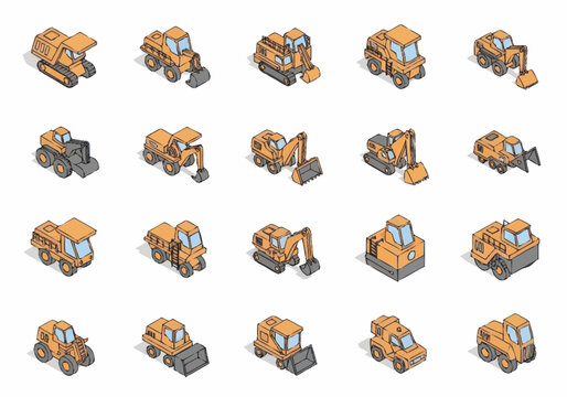 Collection of Isometric Construction Vehicles and Machinery Icons.