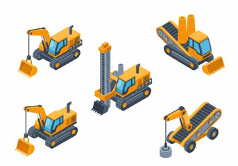 Set of Yellow Construction Vehicles in Isometric View. © berkah nikah
