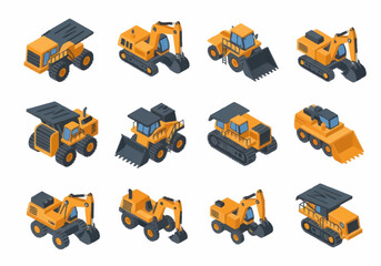Collection of Yellow Construction Vehicles in Isometric View. © berkah nikah