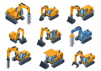 Collection of construction excavators and diggers isometric illustrations. © berkah nikah
