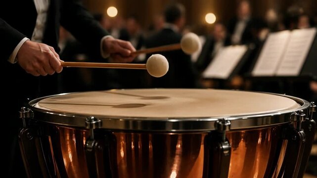 A timpani mallet hovers just above the drumhead as a musician prepares to strike the copper instrument, capturing the precise moment of musical anticipation before a symphony orchestra concert.