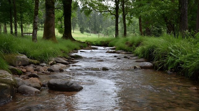 A tranquil woodland stream flowing over smooth moss edged rocks through lush temperate forest greenery
