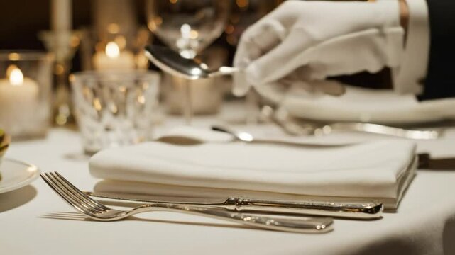 Formal Table Setting: A White-Gloved Hand Arranges Silverware and Napkin for an Elegant Dining Experience
