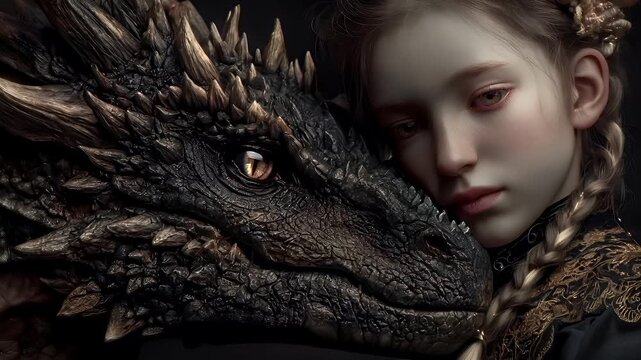 Fantasy wallpaper. A detailed digital artwork depicts a young girl with pale skin and braided hair, wearing a dark, ornate outfit with gold embroidery. She rests her head on a large.