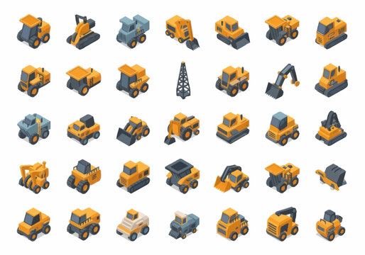 Collection of isometric construction vehicles and equipment.