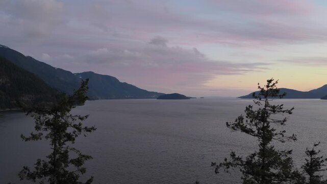 Peaceful Sunset View of Howe Sound from the Sea to Sky Highway, British Columbia