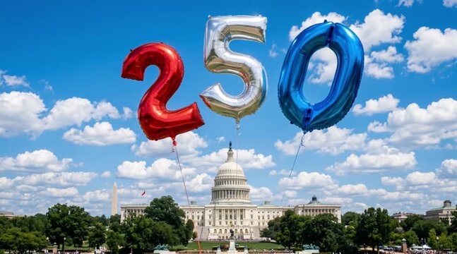 Giant "250" Patriotic Foil Balloons Floating at the US Capitol - 250th Anniversary Celebration