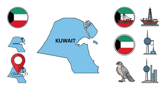 Kuwait Map and Symbols: Flag, Oil Rig, Dhow, Falcon, Landmark Towers