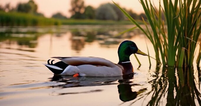 Male Mallard Duck Swimming Calmly on a Quiet Lake at Sunset
