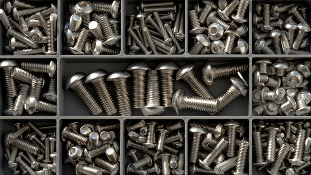 Organized screws and bolts in plastic box