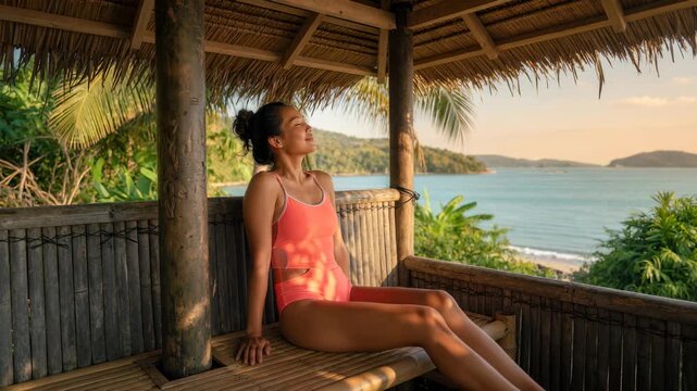 Young Asian woman in an orange swimsuit relaxing inside a bamboo hut overlooking a tropical bay at sunset, enjoying her vacation on a luxury island resort.