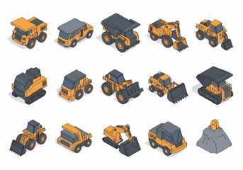 Collection of construction vehicles and heavy machinery isometric icons. © berkah nikah