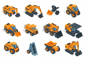 Collection of Isometric Construction Vehicles and Equipment. © berkah nikah