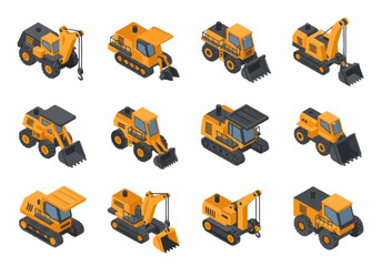 Collection of Yellow Construction Vehicles in Isometric View. © berkah nikah