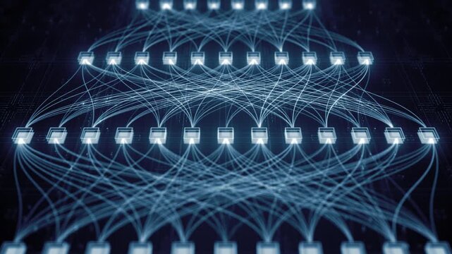 Monochrome neural network on a dark background. Algorithmic trading model and quantitative finance