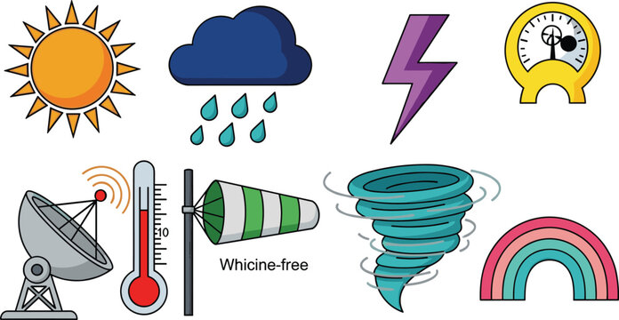  Sun, Rain, Lightning, Thermometer, Wind, and Rainbow for Meteorology, Weather Forecast, and Nature Themes