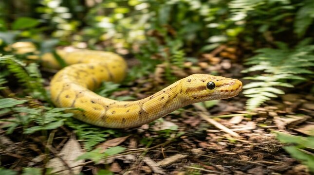 Ball Python Banana, Adult Yellow Banana Morph, Close Portrait, Playful Dynamic Motion Blur Panning Shot Garden Ambient Light Dappled Garden Shade Light Filtering Through Leaves
