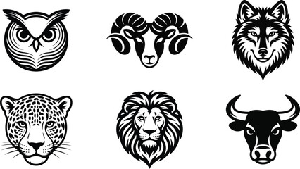 Obraz premium Minimalist vector illustration featuring six distinct wild animal heads including an owl, ram, wolf, leopard, lion, and a bull.