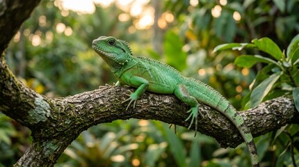 Fototapeta premium Chinese Water Dragon, Adult Bright Green, Full Body On Branch Shallow Bokeh Telephoto Isolation Portrait Dusk Backlight Garden Bokeh Background Blurred Soft Evening Light