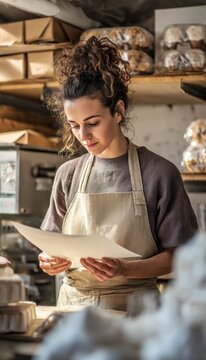 Vertical baker in neutral workwear checking plain financial papers in prep kitchen with unlabeled pa