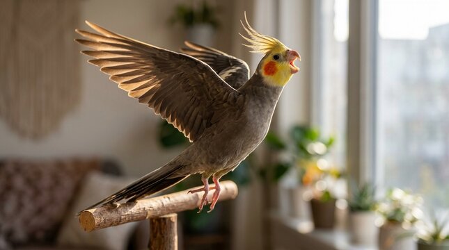 Cockatiel Normal Grey, Adult Singing Head Thrown Back Jumping Or Leaping Freeze-Frame Full Extension Macro Diffused Window Light Harsh Afternoon Sun Rim-Lighting Fur From Behind
