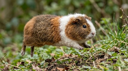 Fototapeta premium Guinea Pig Peruvian, Adult Long Silky Coat Flowing Overhead Flat Lay Candid Behavioural Shot Mid-Action Unposed Soft, Overcast, Outdoor Dusk Twilight Blue-Purple Ambient Soft Tones