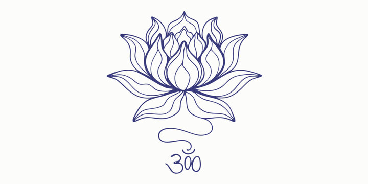 Lotus flower line art with om symbol delicate blue sketch on white background