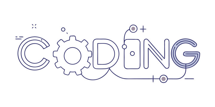 Coding word art with gear and circuit elements blue line drawing on white background