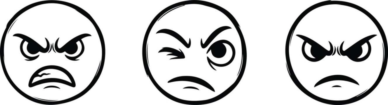 Three angry faces with different expressions in a row vector illustration