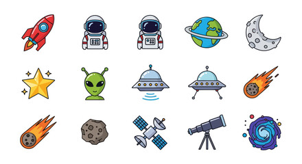 Space icons set astronauts planets and rockets © hartanto