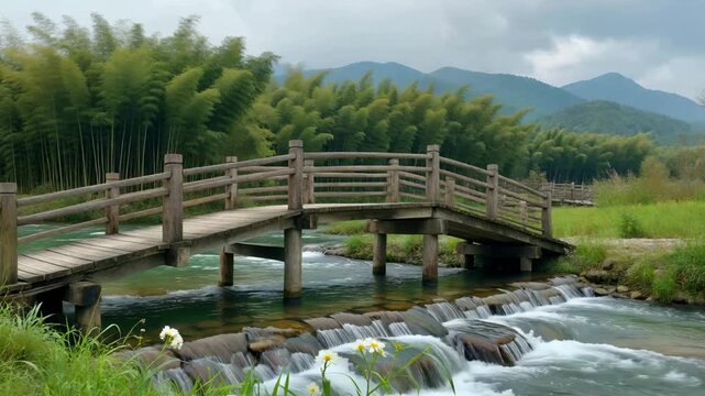 Wooden bridge spans stream landscape