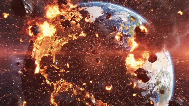 Earth engulfed in flames and smoke symbolizing tranquility, harmony, and natural balance