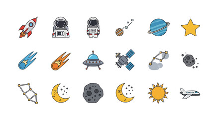 Space icons set rocket planets astronauts © hartanto