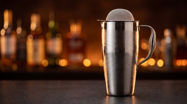 Stainless steel cocktail shaker with strainer lid on bar counter  