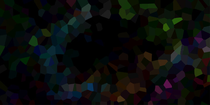 Deep dark abstract mosaic with scattered colorful polygons and a central black void for dynamic visual compositions