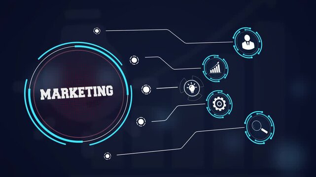 Digital marketing strategy concept with futuristic interface showing consumer reach icons, ideal for social media promotion and brand awareness presentations