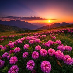 Fototapeta premium Vibrant pink rhododendron flowers in a mountain meadow at sunset with golden sunlight