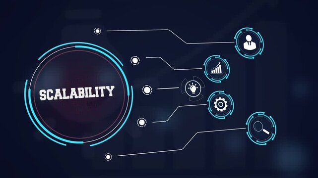 Business scalability concept for industrial expansion with digital growth icons, ideal for corporate videos about startup scaling and market development projects