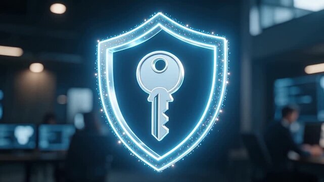 Sparkling digital shield key icon animation representing secure cyber protection abstract concept glowing with confident safe