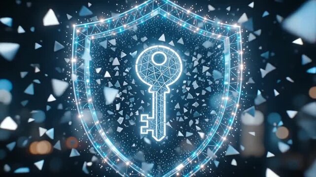 Sparkling digital shield key icon animation representing cyber security glowing protection technology concept, neon blue data