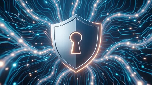 Sparkling digital shield keyhole animation flow secure protection system featuring glowing technology cyber safety confidence