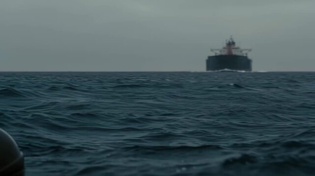 Floating naval mines in dark ocean water with cargo ship on horizon. Panning shot revealing maritime threat.