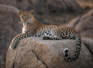 Fototapeta premium leopard resting on rock, soft golden light, minimal composition, blurred background, copy space, photorealistic, high resolution